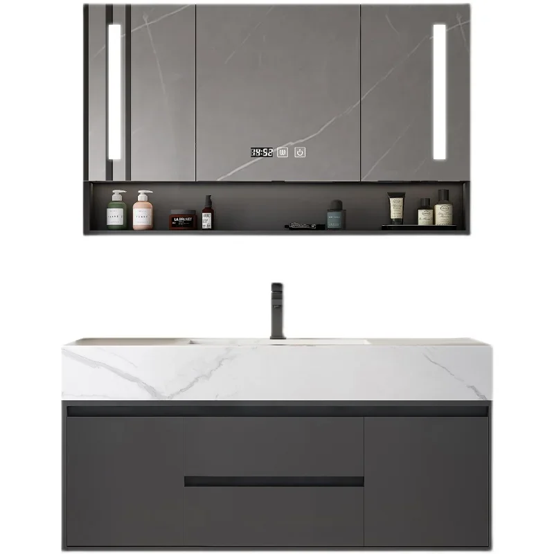 

jl-Modern Gray Wall Mount Bathroom Vanity Hotel Solid Wood Washroom Storage Cabinet Set Marble Floating Vanity&