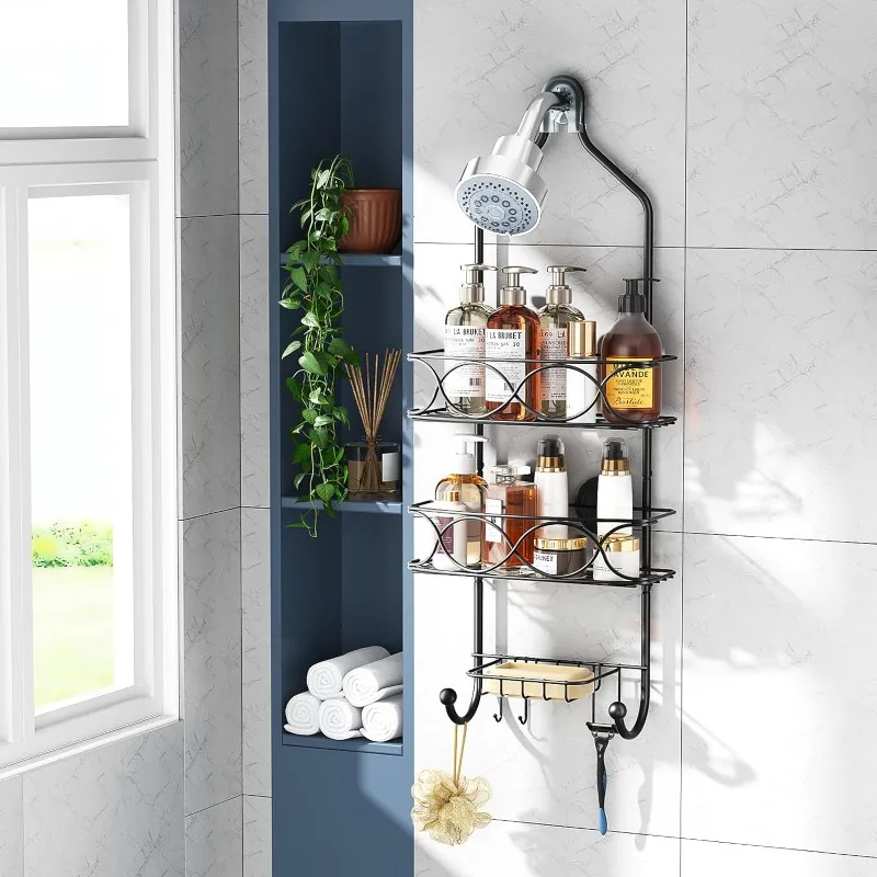 Shower Caddy Over Shower Head Anti-Swing with Strong Suction Cup, Shower Organizer Hanging Rustproof with Hooks