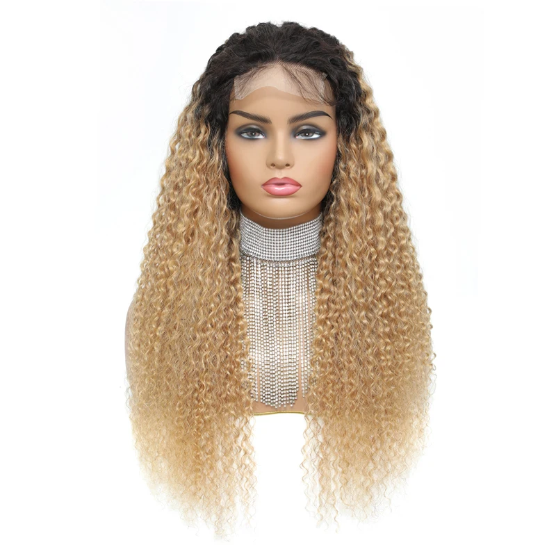 

Kinky Curly Lace Closure Human Hair Wigs T1B/27 Ombre Color Lace Closure Wig Brazilian Remy Hair Curly Wigs For Black Women 150%