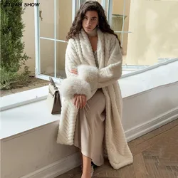 2 colors Winter Embossing Wave Strip Pattern Faux Mink Fur Coat CHIC Women V neck Full Sleeve Loose Warm Midi Long Outerwear