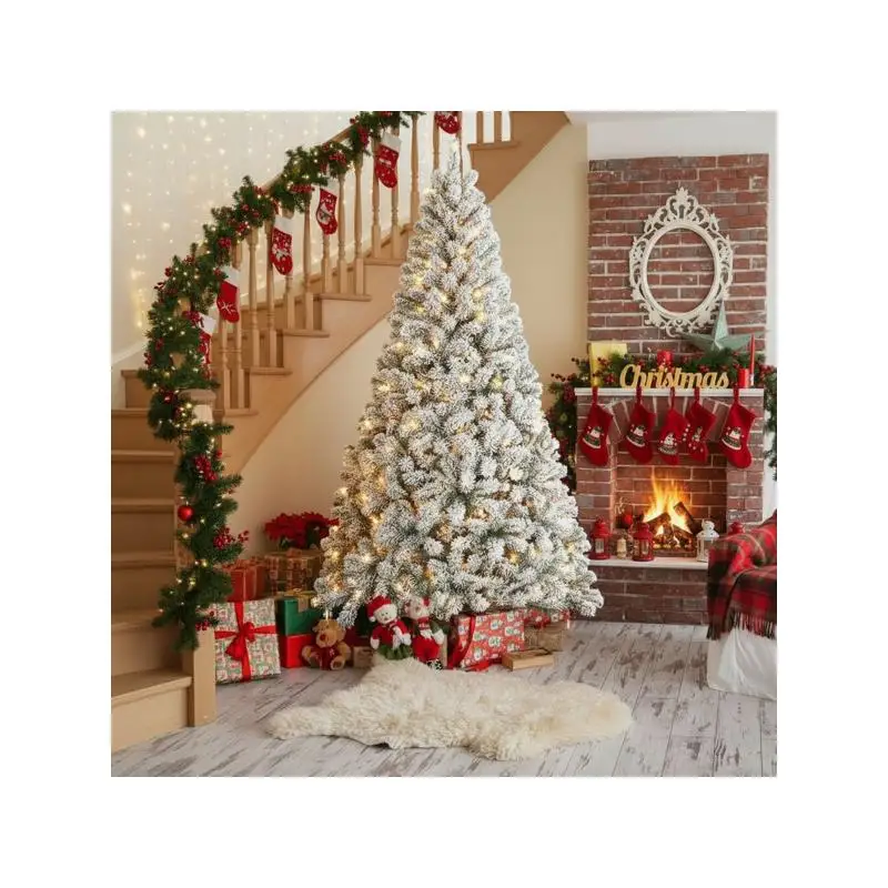

Рождественская елка из флока высотой 5 футов с 407 наконечниками и 150 теплыми белыми огнями, прочная металлическая подставка, снежный праздничный декор для дома, офиса и