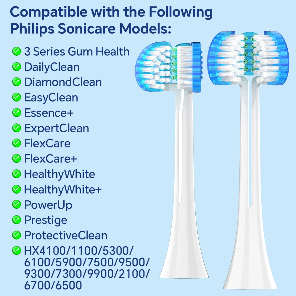 2 Count Three-sided Replacement Brush Heads, Professional Toothbrush Head Compatible with Philips Sonicare Electric Toothbrush