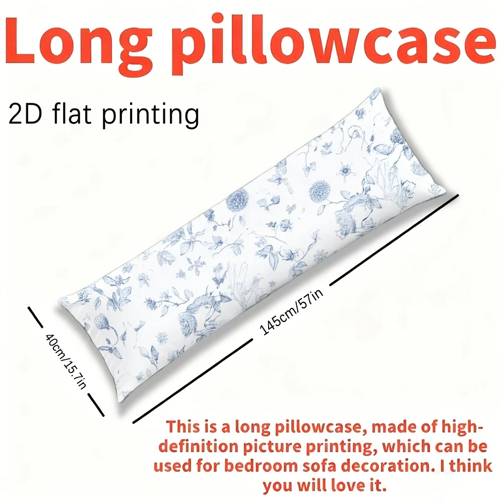 Long Pillowcase, 2D Printed Design, Blue Floral Grass And Wood Sketch Pattern, Full Support Pillowcase, Durable Fabric, Ideal Be