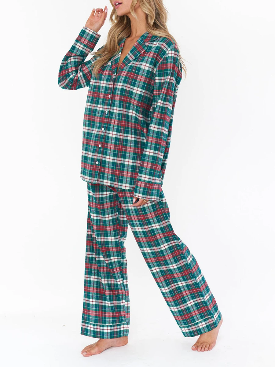 Women Pajamas Lounge Set Fruit Plaid Checkerboard Print Long Sleeve Shirts Tops and Pants 2 Piece Loungewear Outfits