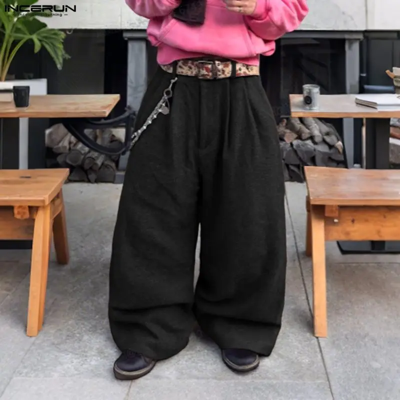 INCERUN Men Pants Solid Color Button Joggers Loose Casual Wide Leg Trousers Men Pleated Streetwear 2025 Fashion Long Pants S-5XL