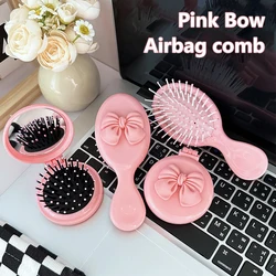 1*Cute Handheld Folding Massage Comb With Makeup Mirror Travel Portable Plastic Airbag Small Hair Brush Bow Tie Air Cushion Comb