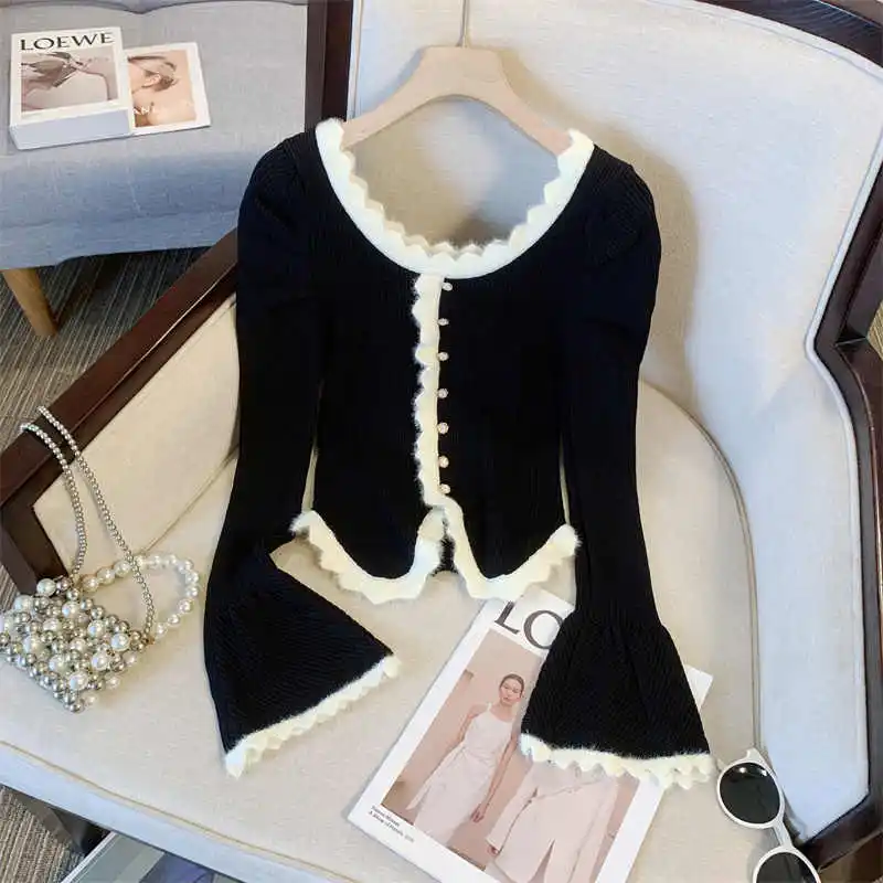 

French Style Lace Patchwork Women's Sweater Autumn Slimfit Short Knit Sweaters Simple High Quality Daily Commuting Tops