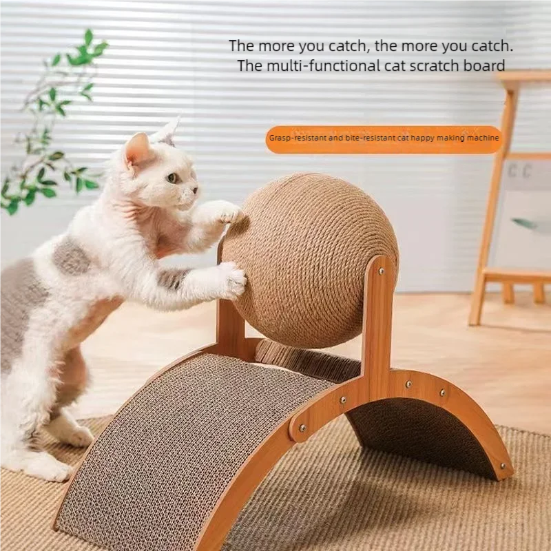2-in-1 Kratzbaum und Ball-Set aus Holz, langlebiges Kratzbrett aus massivem Holz und Sisal, interaktives Pfotenspielzeug für Katzen und Kätzchen