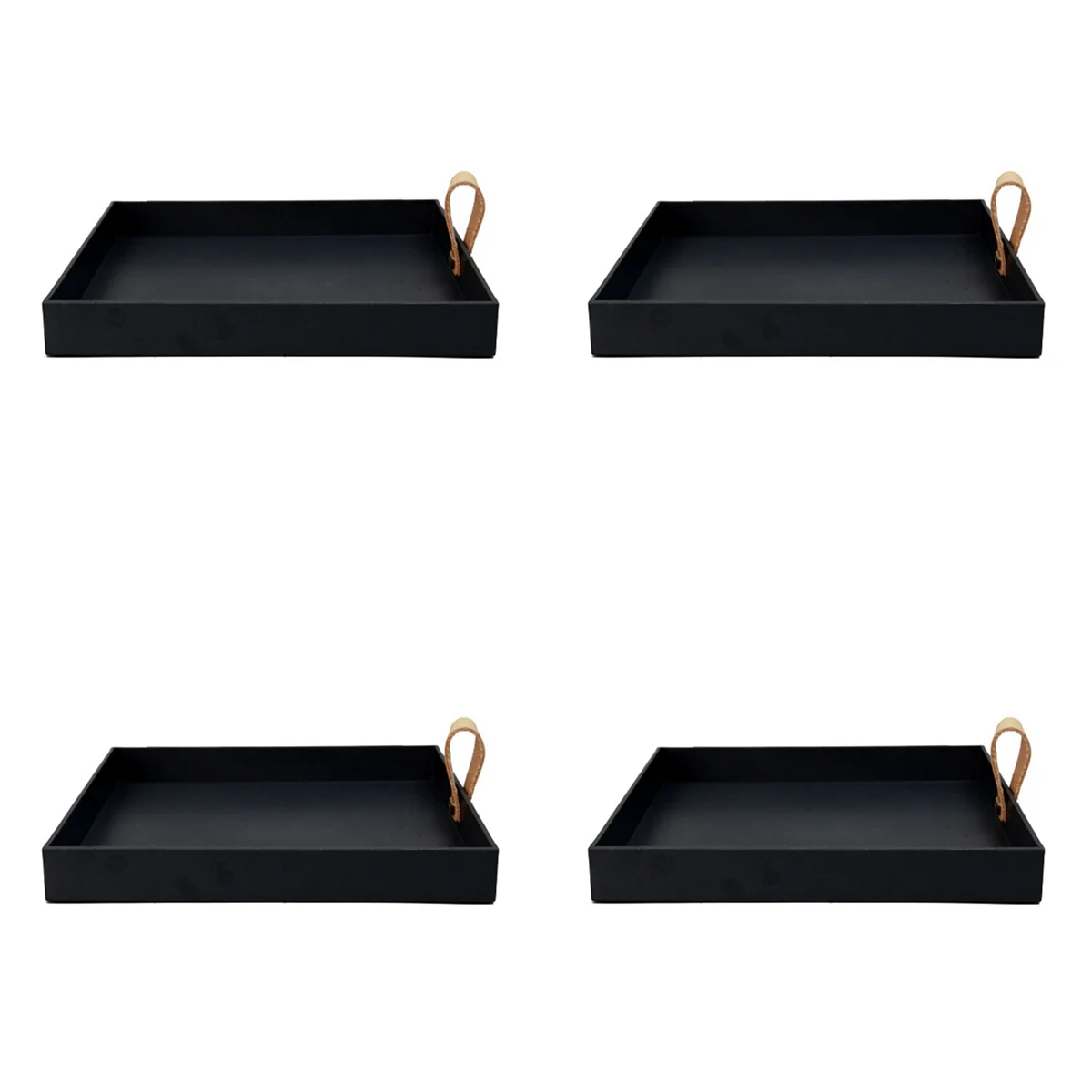 

4X Square PU Leather Serving Tray Decorative Dish Cosmetics Sundries Desktop Storage Plate with Handle(Black)