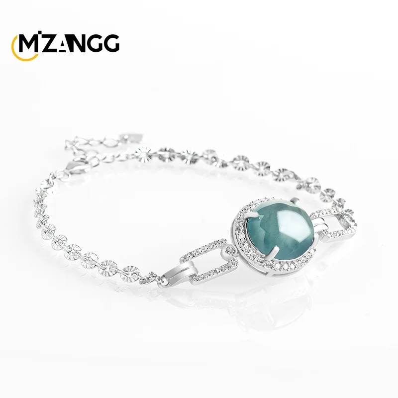 Natural Jadeite Blue Water Egg Bracelet S925 Silver Inlaid with Fashionable Charm Ice Jade Bracelet High-grade Ladies Gift