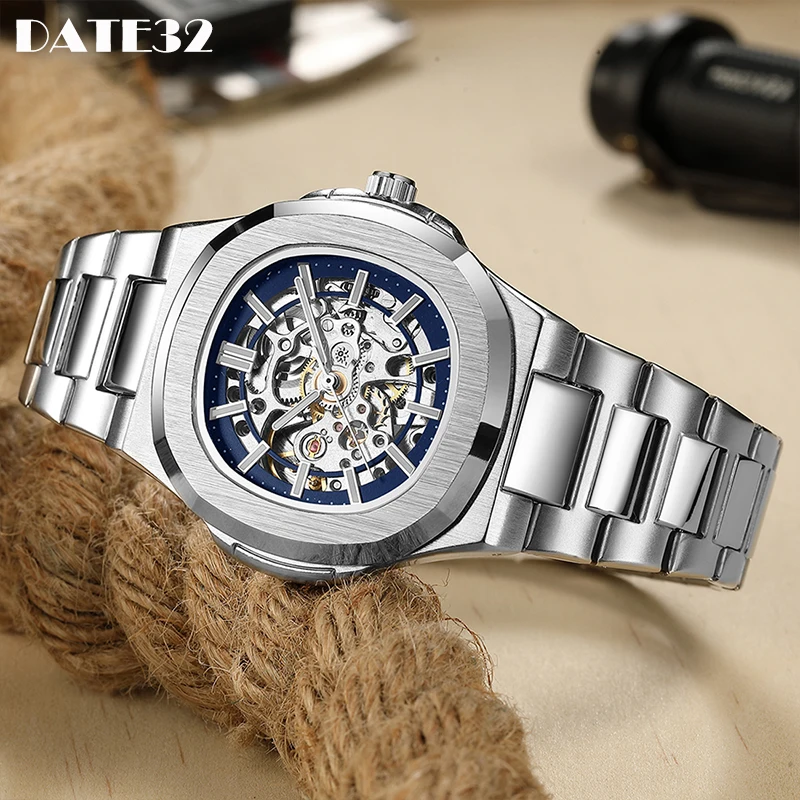 Skeleton Hollow Men Automatic Mechanical Watch Steampunk Sliver Stainless Steel Waterproof Wrist Watches Male Mechanism Clock