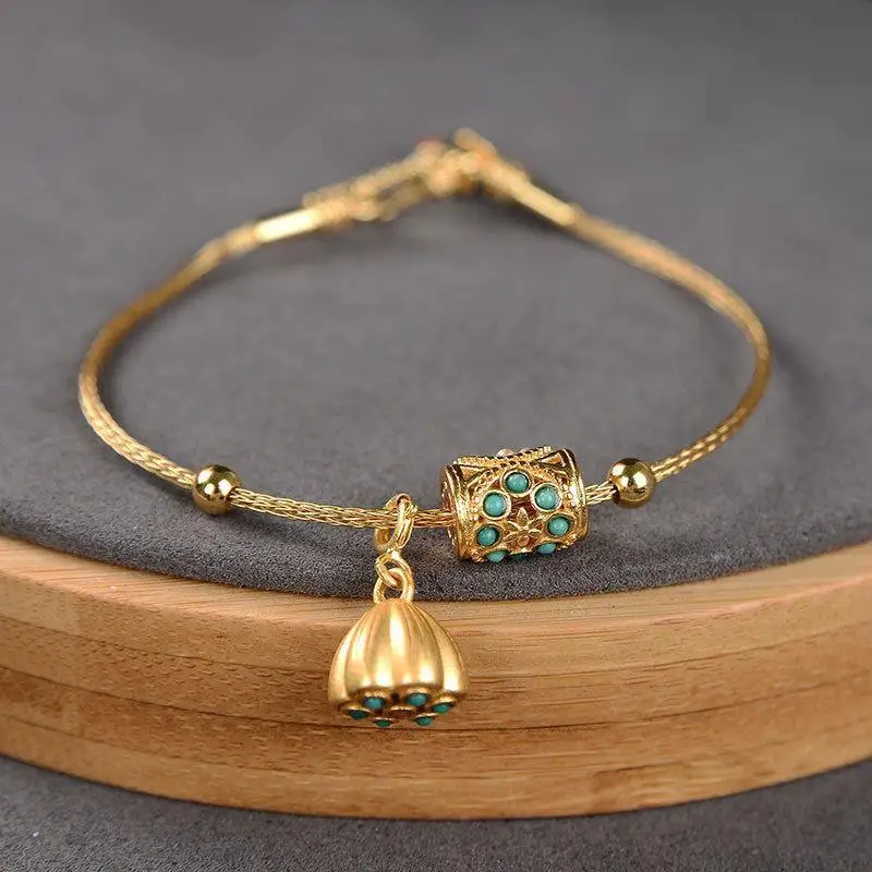 Ancient gold craftsmanship inlaid turquoise lotus with adjustable bracelet temperament retro palace ancient ladies jewelry