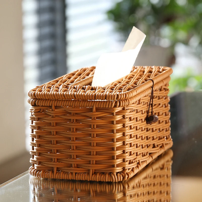 Paper Towel Box Living Room Porch Restaurant Home Simple Imitation Rattan Pure Hand-Woven Paper Box Craft Rattan Napkin Holder