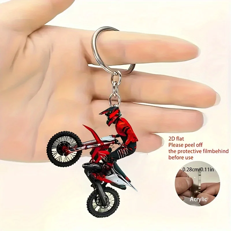 2D Flat Motorcycle Keychain - Stunt Rider Design - For Backpacks and Cars - Flat Acrylic Pendant, Motorcycle Gift, Durable Clip