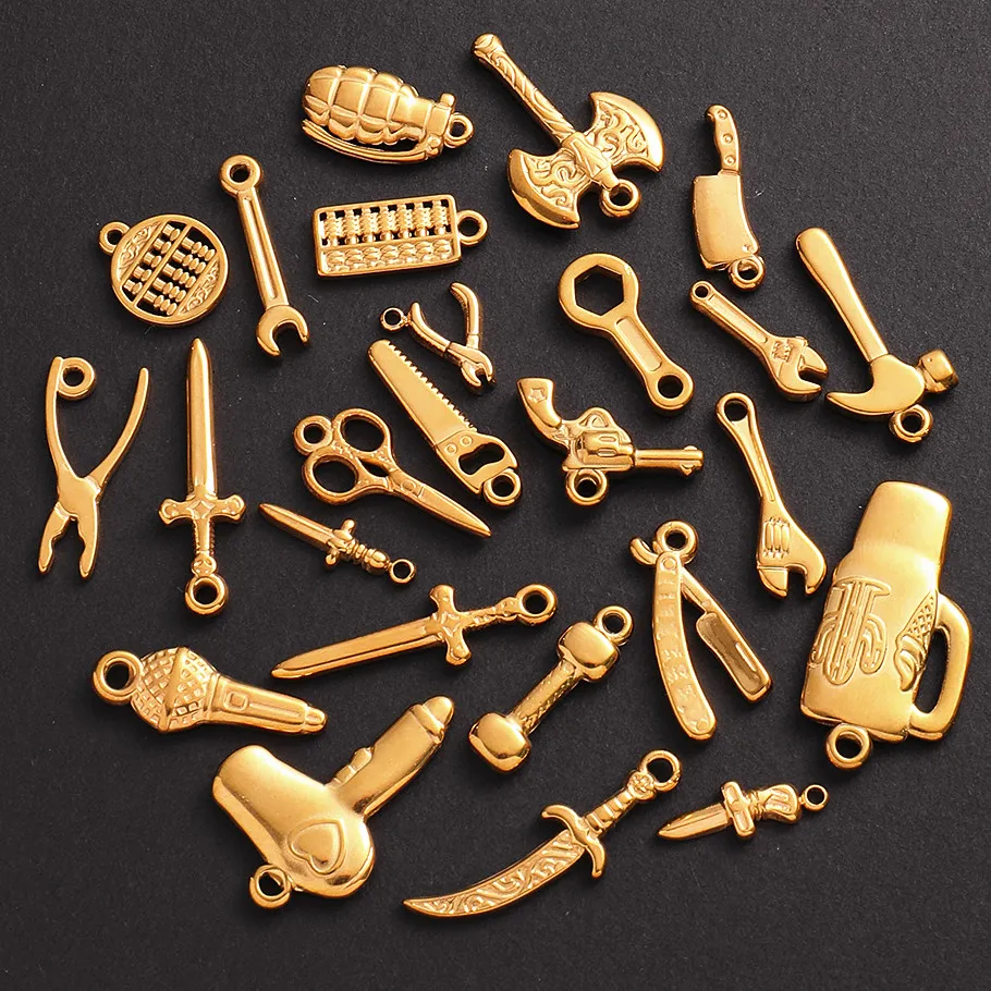 5pcs Various Tool Charms Sword Wrench Scissors Gold Color Stainless Steel Pendants For Jewelry Making Supplies DIY Bag Keychain