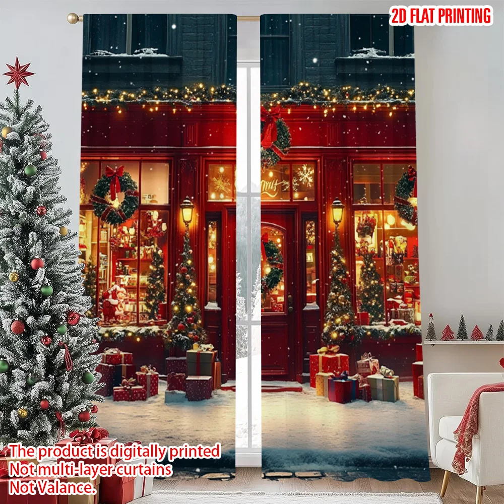

2pcs 2D flat printing Merry Christmas Popular Window Drapes Christmas snow scene Machine Washable Polyester Without Electricity