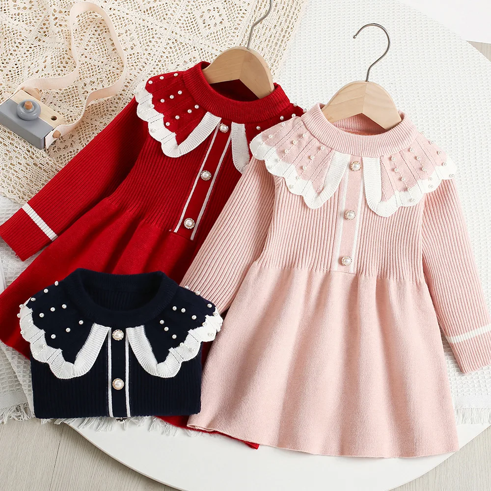 

2025 New Girls Knit Dress Autumn Pearl Decorated Princess Dress for Toddlers