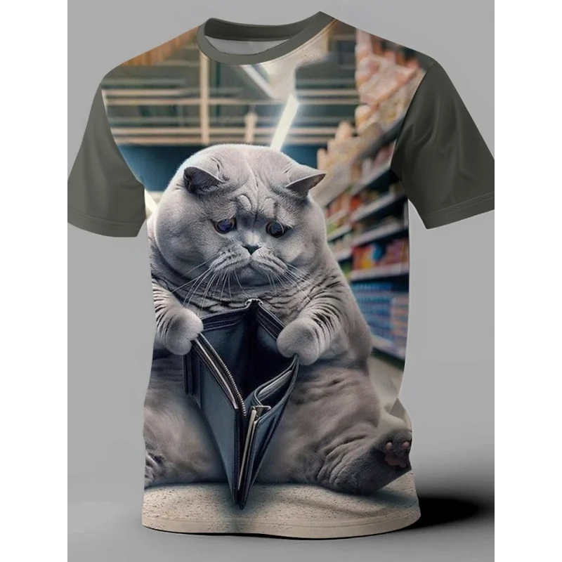 Cute Aggrieved Cat Pattern T Shirt For Men Funny Animals 3D Printed Tees Casual Short Sleeve Round Neck Tops Street T-Shirts