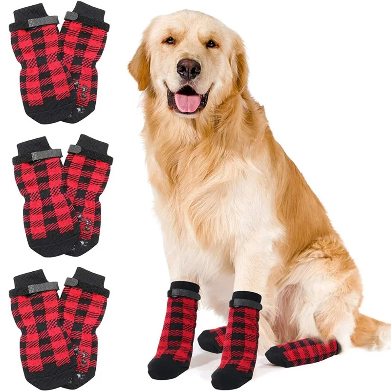 4pcs Anti-Slip Pet Dog Cat Socks Dog Paw Protector Traction Control for Indoor Wear Knitted Dog Socks with Rubber Reinforcement