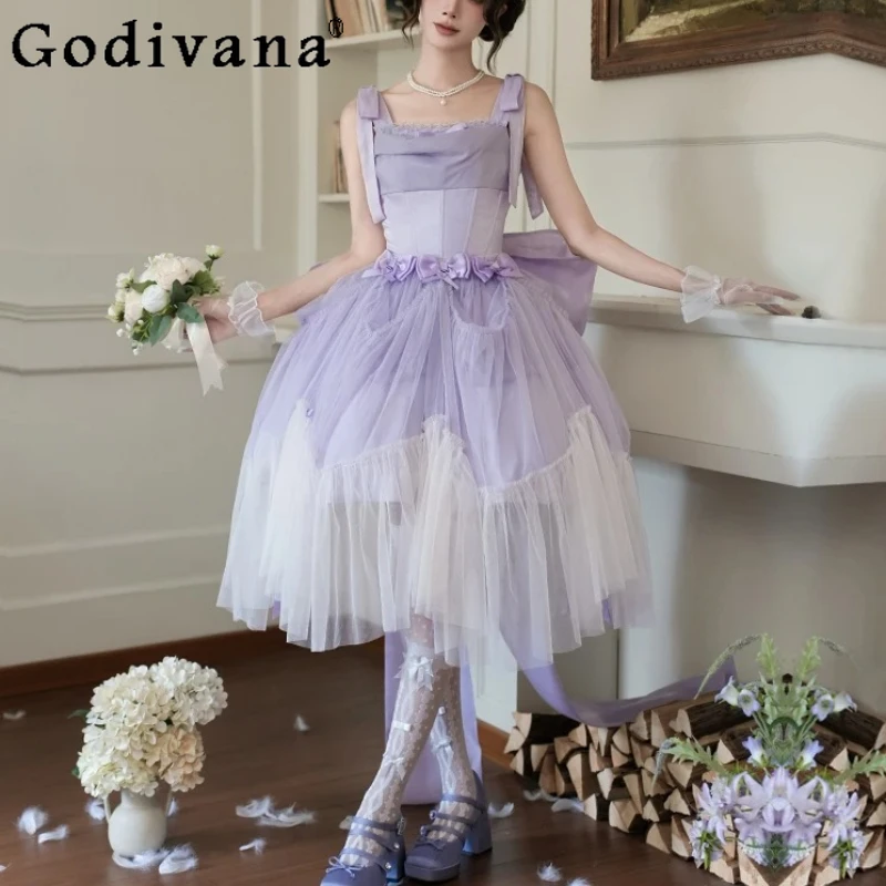 

Elegant Lolita Temperament Square Neck Lace-up Sweet Bow Big Swing Dress Summer High Waist A-line Cute Girls Japanese Dresses