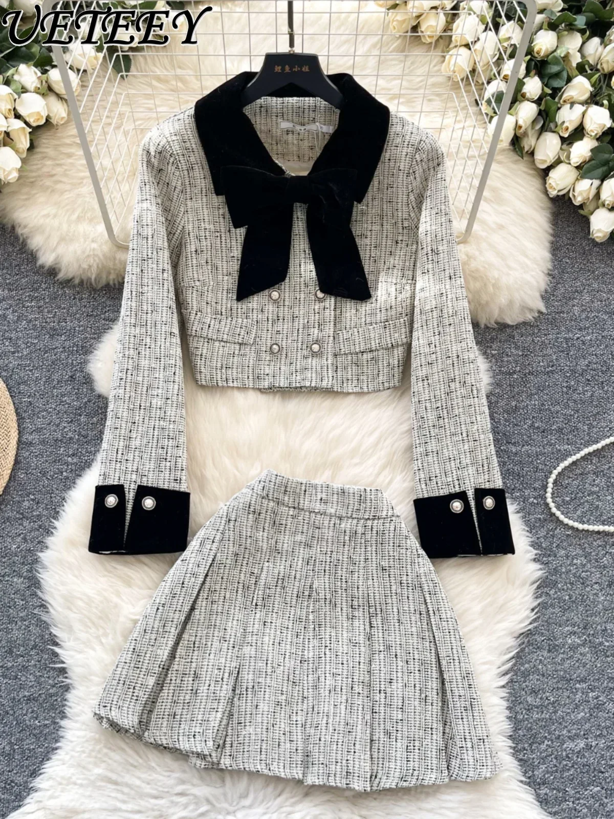 Autumn Winter High-end Retro Contrasting Color Bow Long-sleeved Tweed Jacket and High-waisted Pleated Short Skirt Two-piece Set