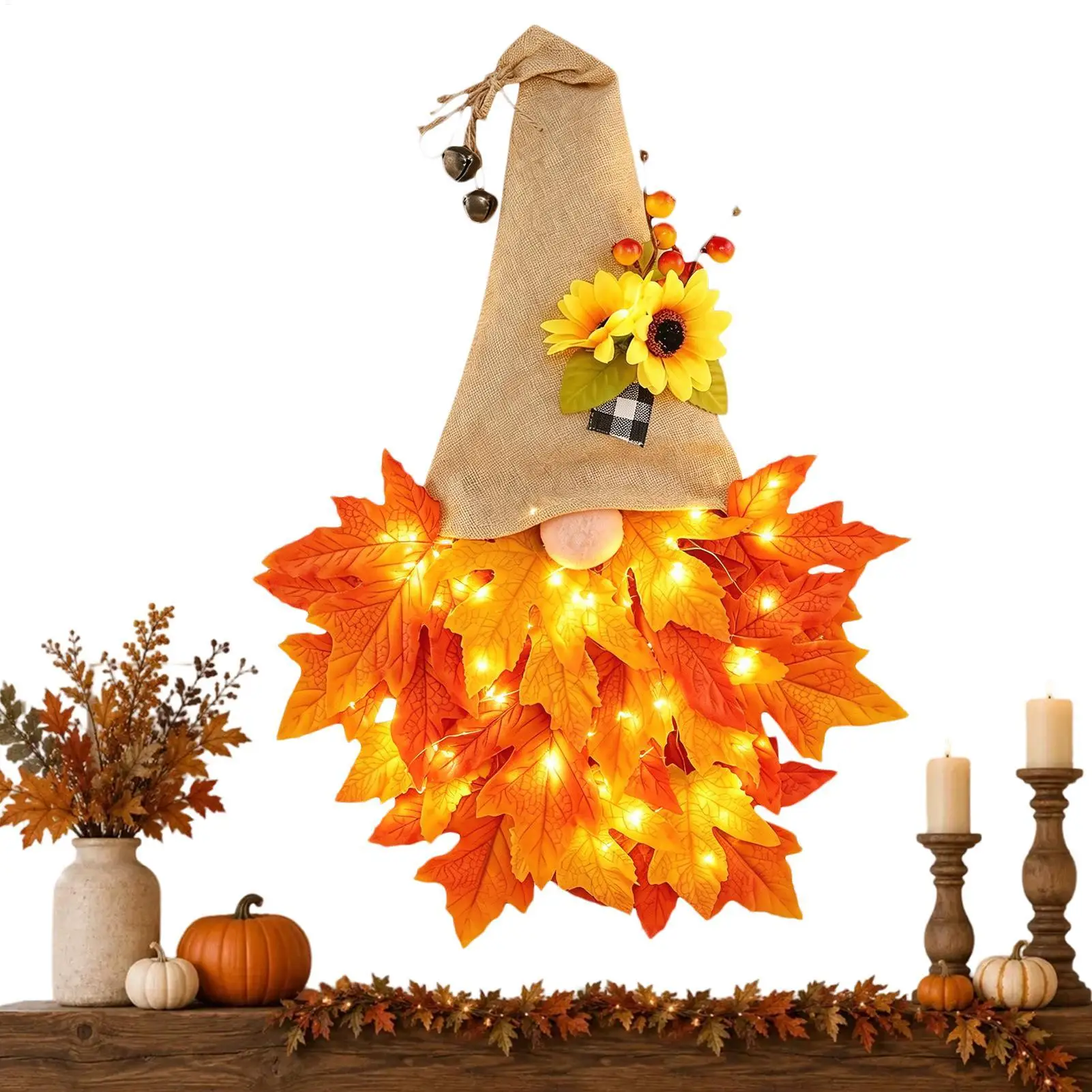Autumn Door Hanger Gnome Wreath With LED String Lights Maple Leaves Gnome Decor Harvest Decoration For Thanksgiving Halloween