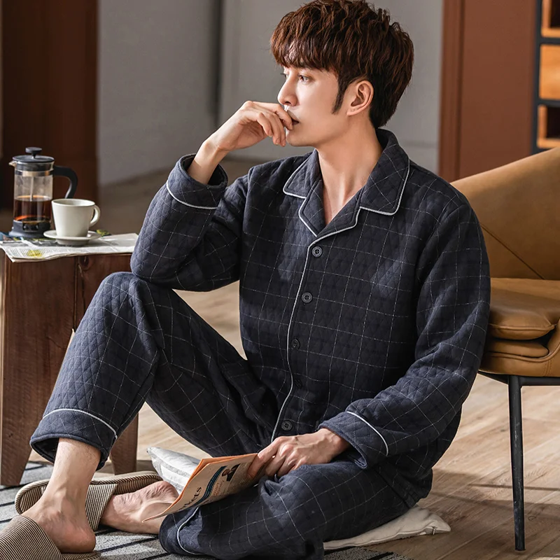 Winter Keep Warm Thin Quilted Pajama Sets for Men Long Sleeve Air Cotton Interlayer Sleepwear Loungewear Homewear Home Clothes