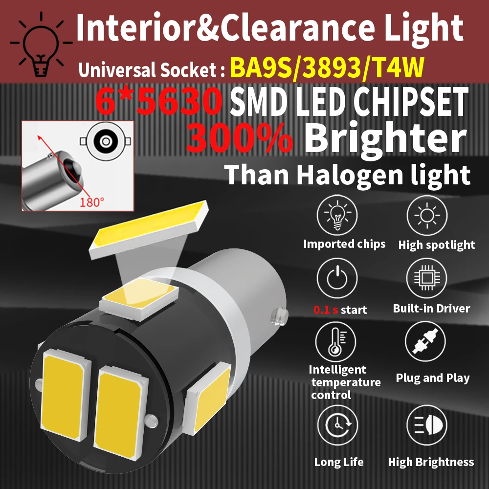 2PCS Super Bright Ba9s T4W 3893 Cree Chip LED Car Parking Lights Source Canbus Error Free Auto Dome Lamps Wedge Tail Side Bulbs