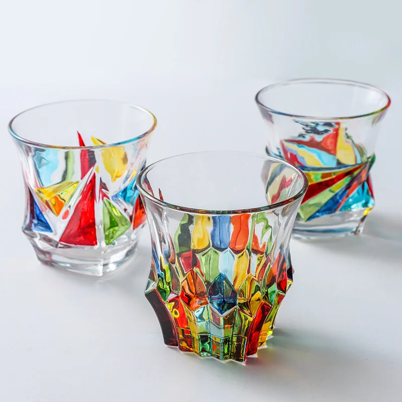 Italian hand-painted crystal glass, light luxury, colorful woven pattern, European style new enamel whiskey glass