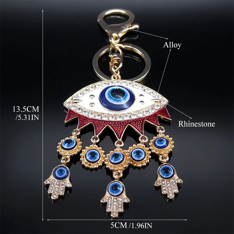 Turkish Lucky Blue Eye Keychain for Women Men Gold Color Metal Hamsa Hand Pendant Charms Bag Car Key Chain Ring Jewelry K9027S01