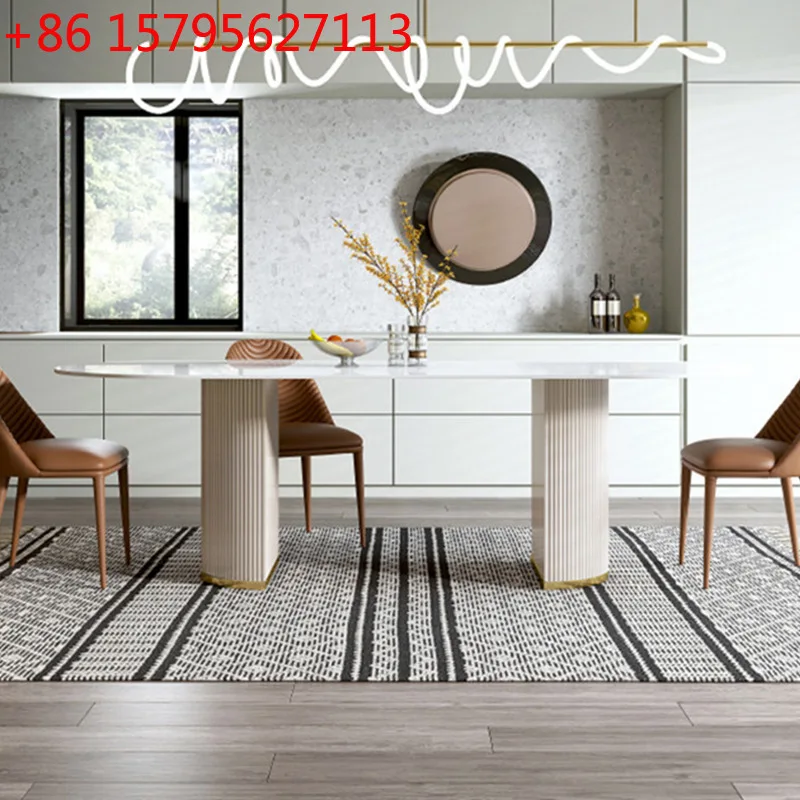 

Oval dining table household small apartment light luxury French cream rock plate dining table and chair combination