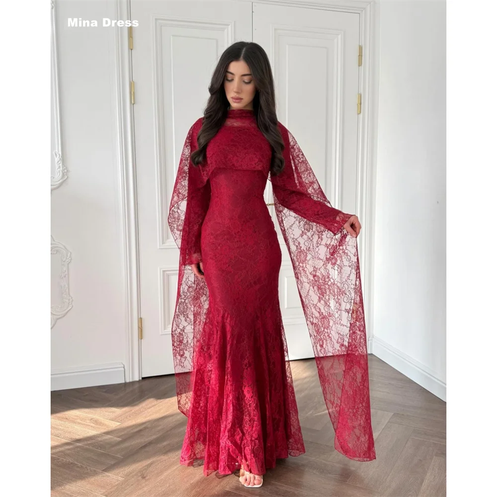 

Mina Customized Red Luxurious Evening Dresses Brands Shawl Long Sleeve Elegant Chic Woman Evening Dress Crew Neck Party Prom