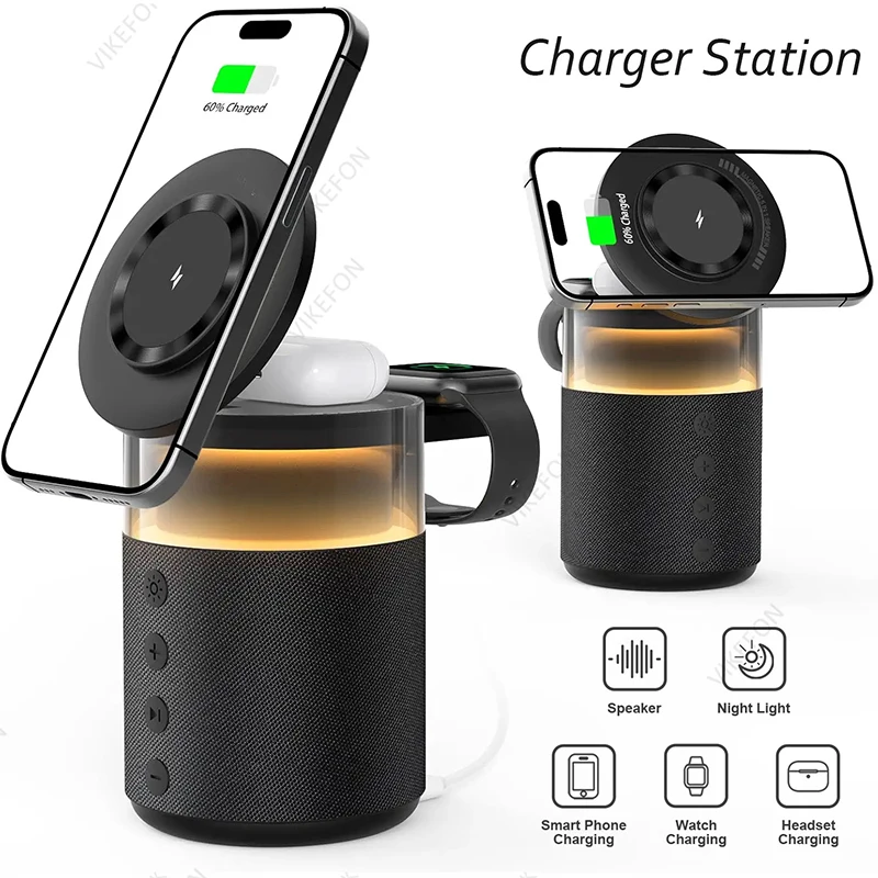 

4-in-1 Wireless Magnetic Charger with Bluetooth Speaker Night Light Fast Charger For iPhone iWatch AirPods Charging Station