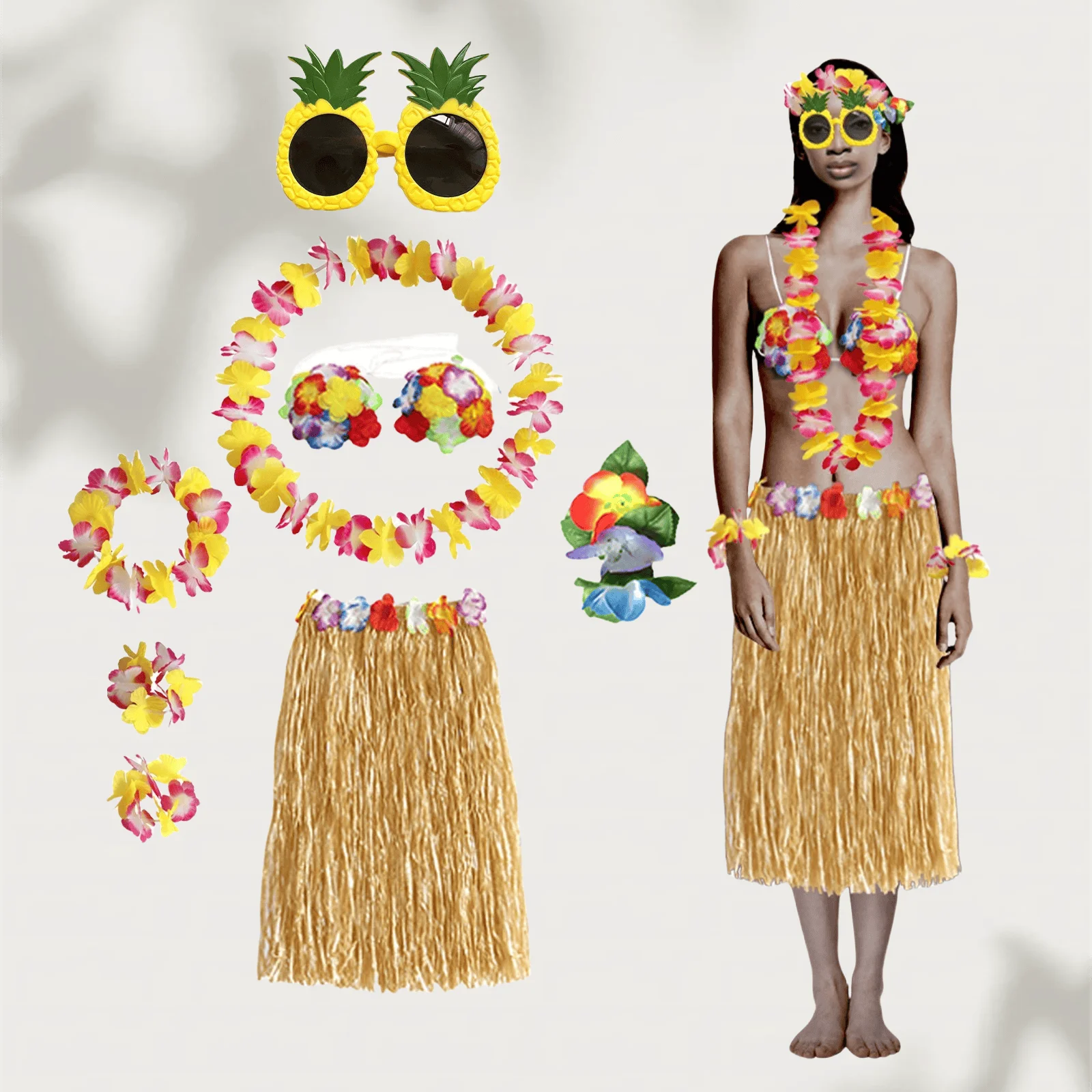Set de 8 Piezas para Fiesta Hawaiana Luau, Falda de Paja, Diadema, Disfraz de Playa para Mujeres y Hombres, Vacaciones de Verano