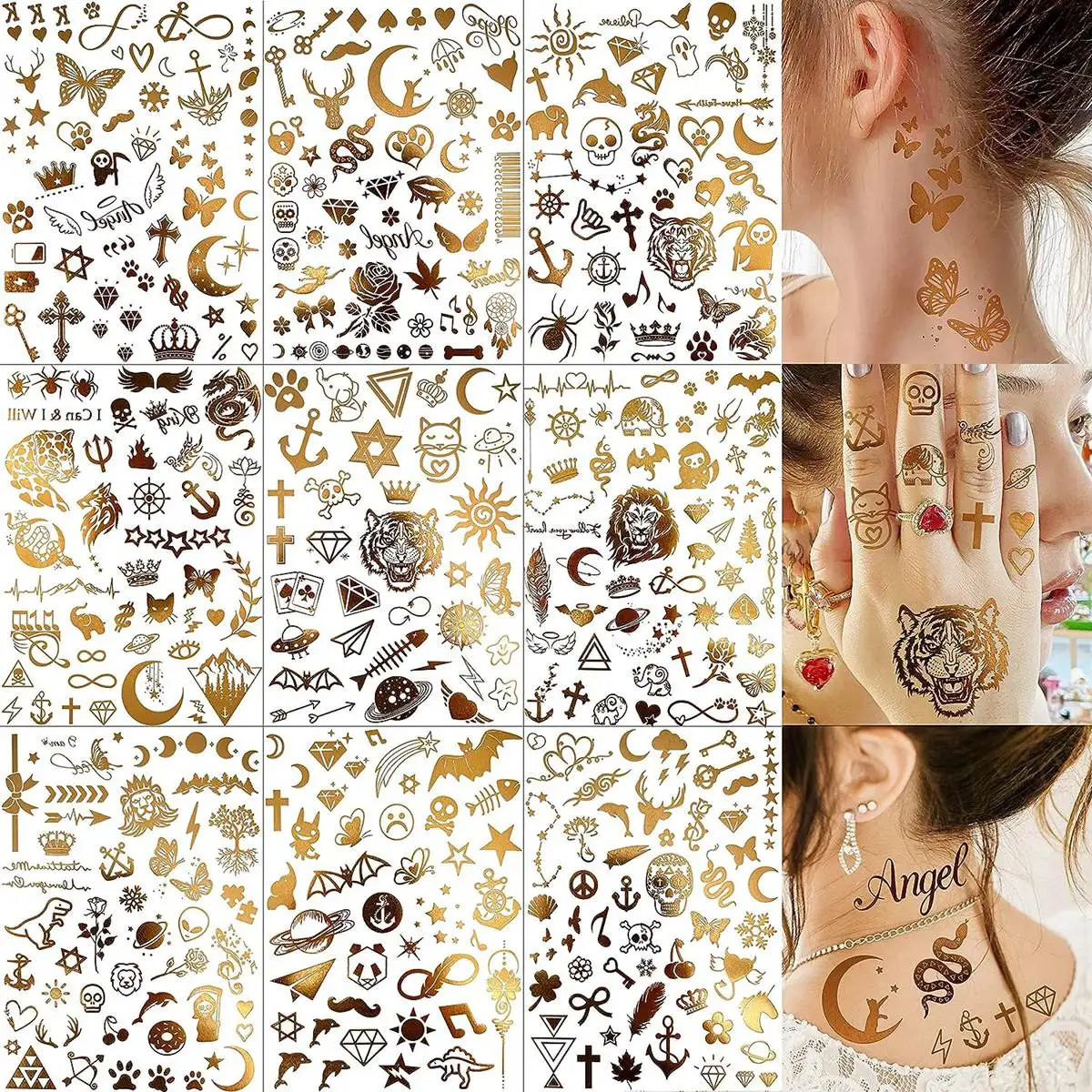 

9 Large Sheets Flash Temporary Tattoos For Women Adults Neck Tattoo Sticker Fake Golden Animal Bohemia Moon Tatoos Glitter Decor