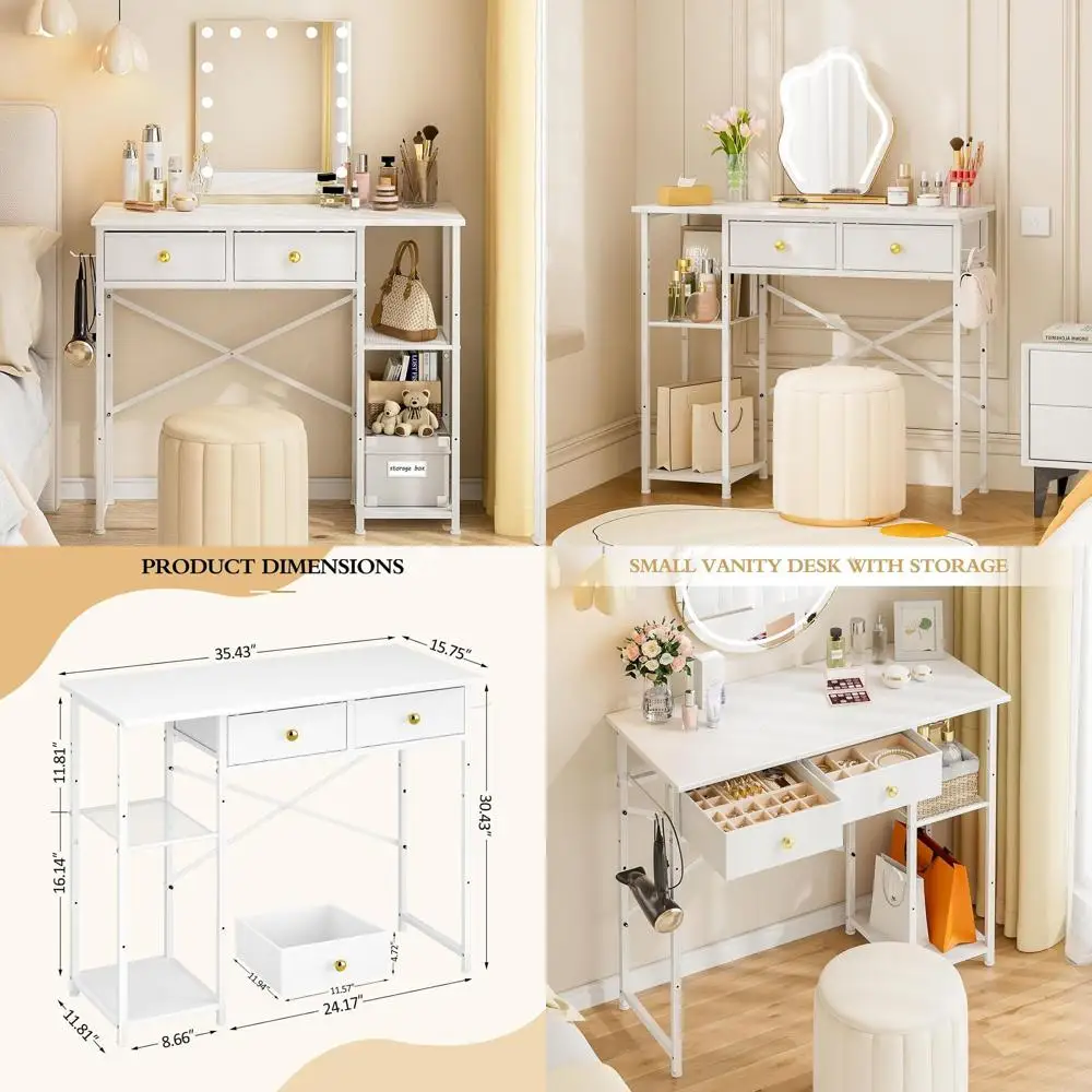 

36 White Bedroom Makeup Desk with 2 Drawers, Iron Hooks, Storage Space