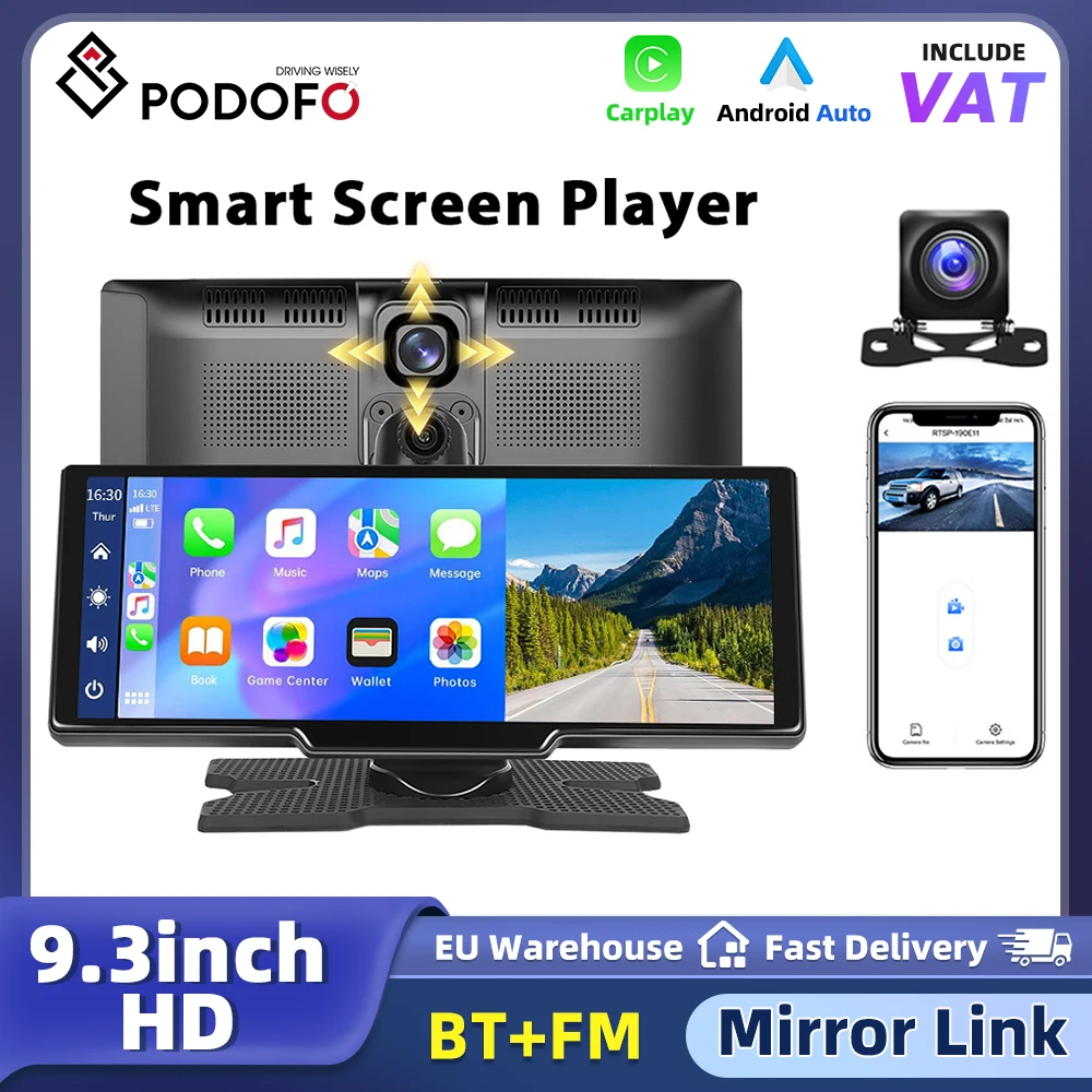 Podofo 9,3 Zoll kabelloser Apple CarPlay Android Auto CarPlay Bildschirm Autoradio, Auto-Dashcam DVR unterstützt Sprachsteuerung mit Rückfahrkamera