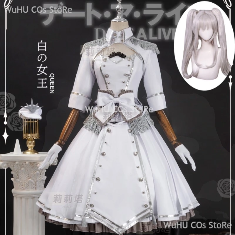 Anime Date A Live Tokisaki Kurumi Prachtige Lolita Jurk Witte Jurk Pruik Cosplay Kostuum Halloween Pak Voor Vrouwen