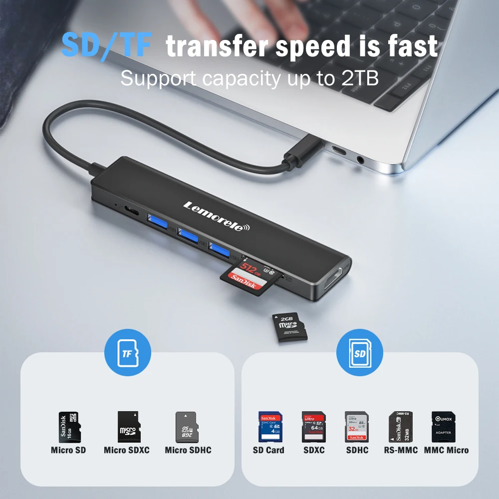 Lemorele TC70 USB C HUB Type C 3.0 Docking Station HDMI 4K@30Hz 100W PD SD/TF Slot Fast Transfer for Laptop Macbook Windows