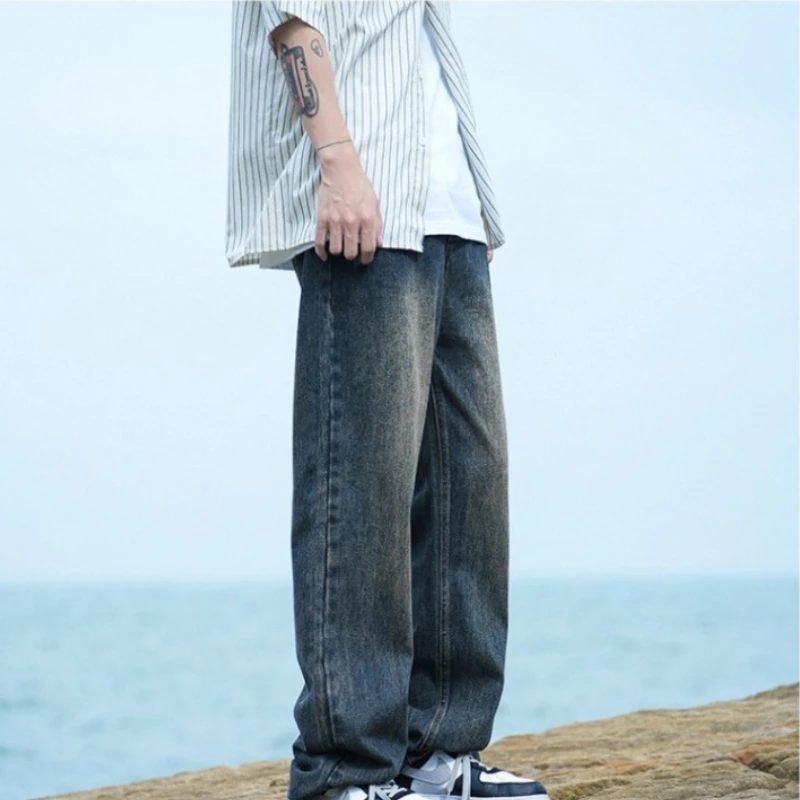 Men Denim Pants Wide Leg Jeans Casual Trouser Loose Man Clothing Trend Vintage Streetwear Straight Leg New Thin Solid Blue