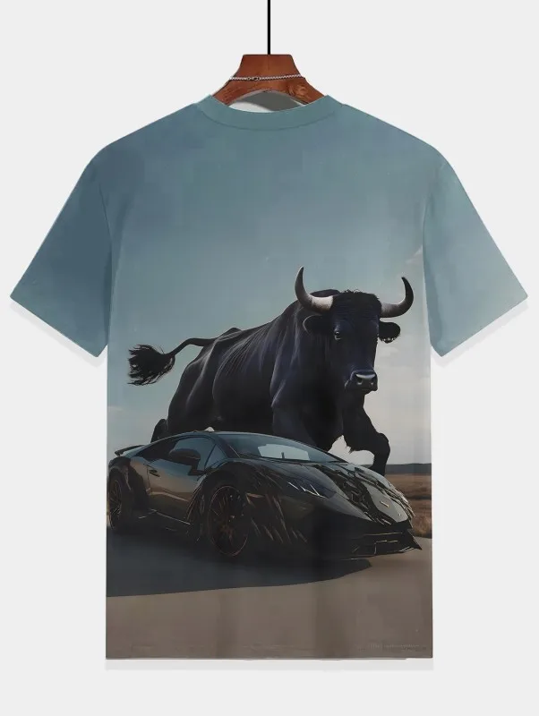 Bull and Racing Car 3d Print T-Shirt Dla Chłopców Odzież Dziecięca Odzież Chłopięca Top Koszulki Topy Krótki Rękaw 2024 T-shirty