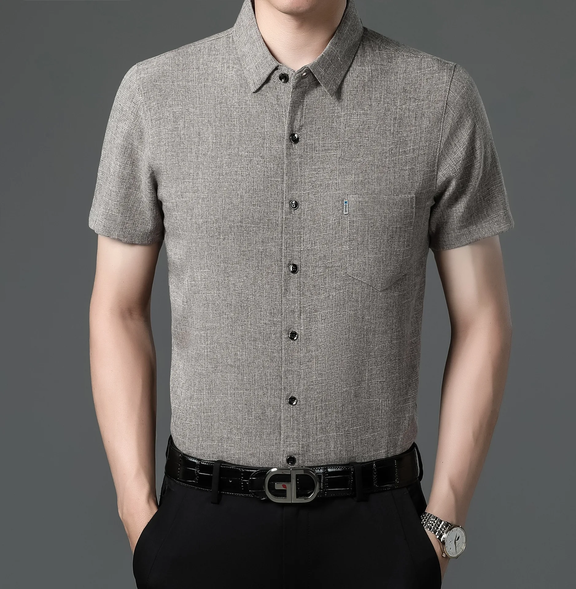 High-end Men's Linen Shirt Short-sleeved Summer New Ice Silk Comfortable Versatile Business Wear Solid Color Top