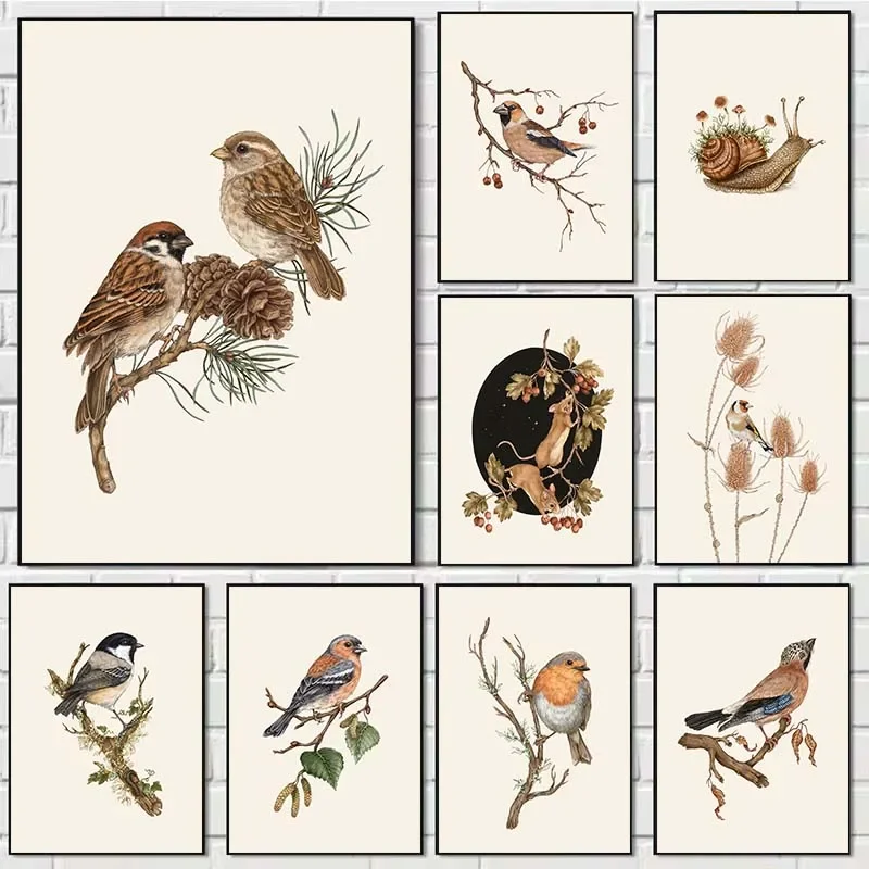 1PC frameless decorative art print,1Pc Frameless Vintage Goldfinch Landscape Bird Flower Wall Art Canvas Painting Nordic Posters