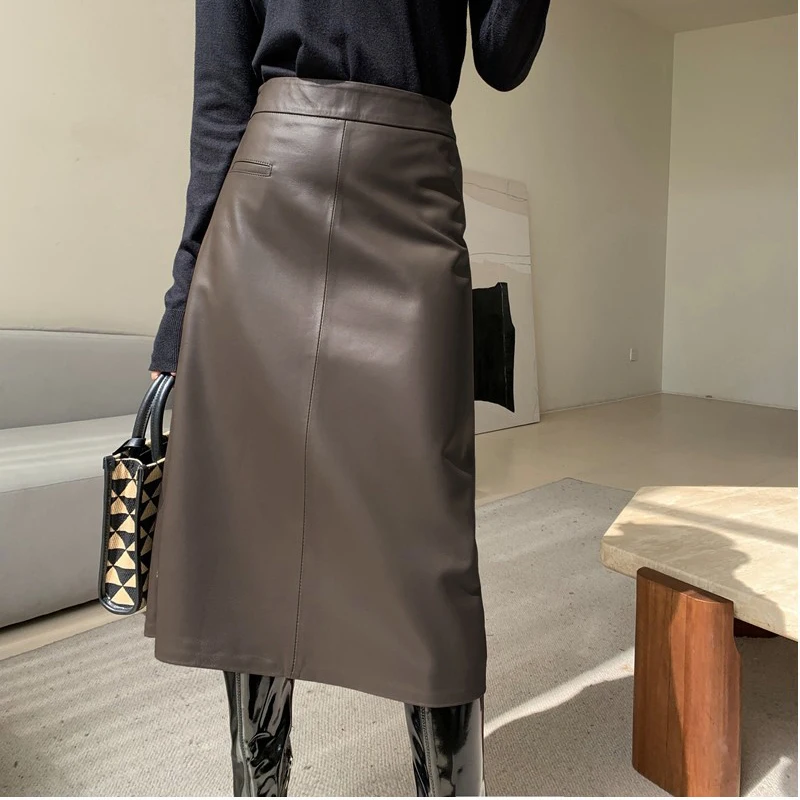 New Genuine Leather Skirt For Women High Sense Vintage A-line 70 cm Jupe Longue Femme Simple Maxi Apricot  Floor-Length