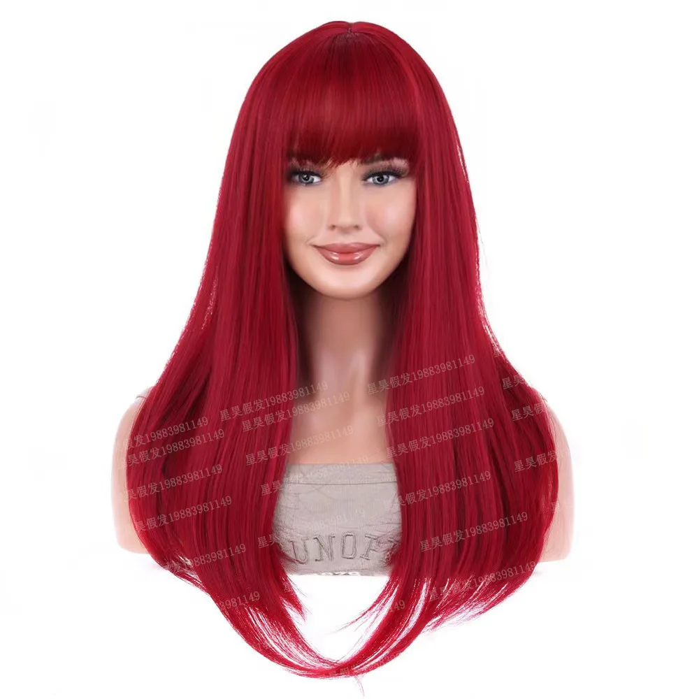 

New women's wig burgundy bangs long straight hair suitable for party and dance wigs