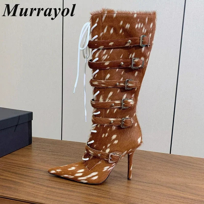 Knee High Boots Autumn Winter Thin High Heels Women Pointed Toe Belt Buckle Decor Cross Tied Decor Long Booties Zapatos De Mujer