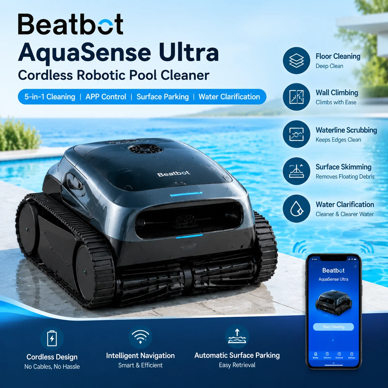 Beatbot AquaSense Ultra Cordless Robotic Pool Cleaner, 5-in-1 Pool Vacuum, APP Control, Wall And Floor Cleaning, Surface Parking