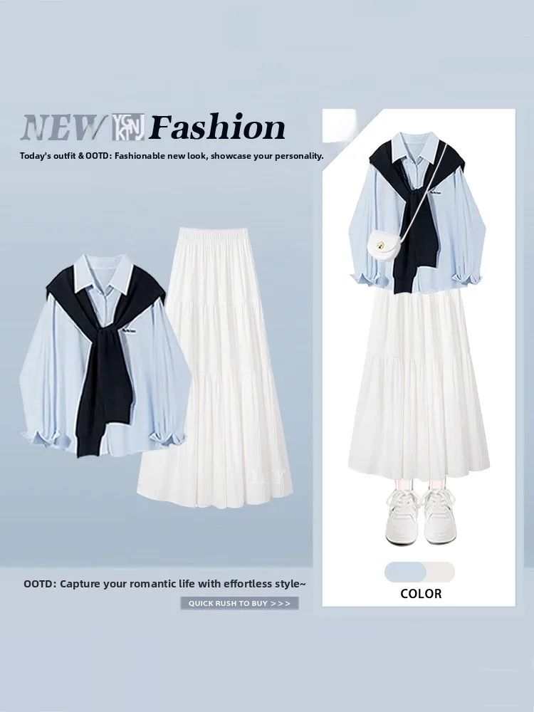 

Blue Long Sve irt And A-Line Skirt Set Women's Spring Anti-Aging Tee-Piece Suit High Waist Long Skirt Faion Set