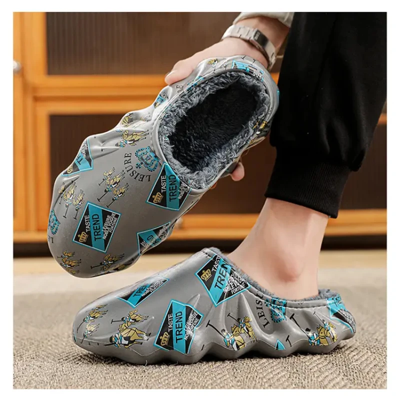 

AJUVEN Indoor Outdoor Winter Colgs Slippers Men Waterproof Garden Shoes Home Fur Clogs Soft Plush Slippers Bedroom Fuzzy Shoes