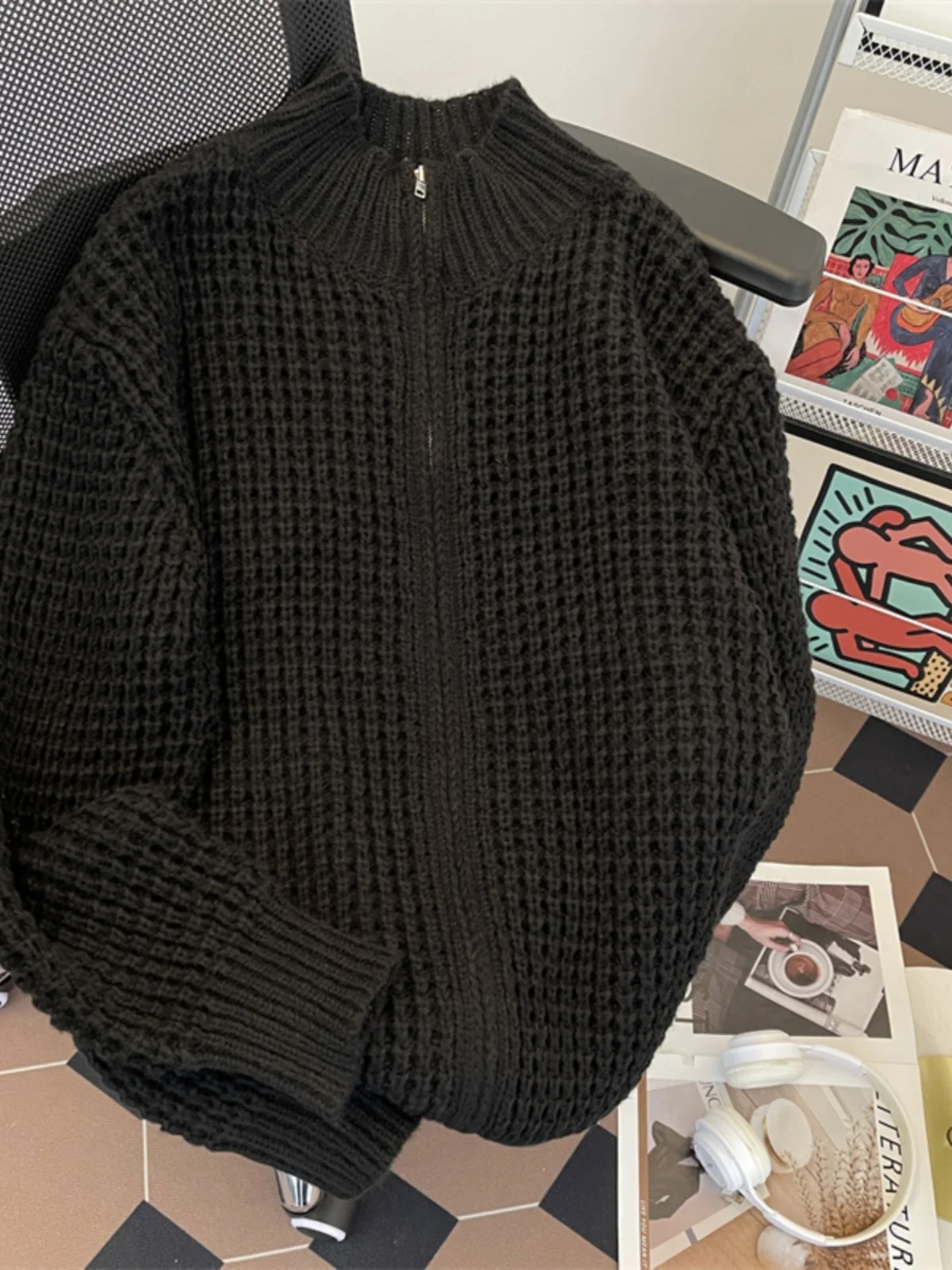 

Мужской свободный кардиган с высоким воротником, вязаный, повседневный, универсальный, осенне-зимний, модный, в стиле lazy, с открытым передом, верхняя одежда для подростков